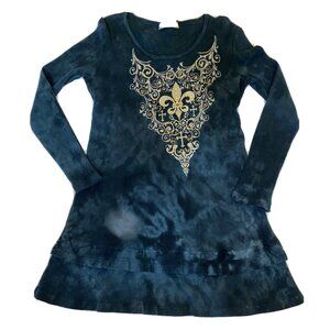 Womens M Blue Tie-Dye Tunic Top With Rhinestone Fleur-De-Lis & Cross Design By C